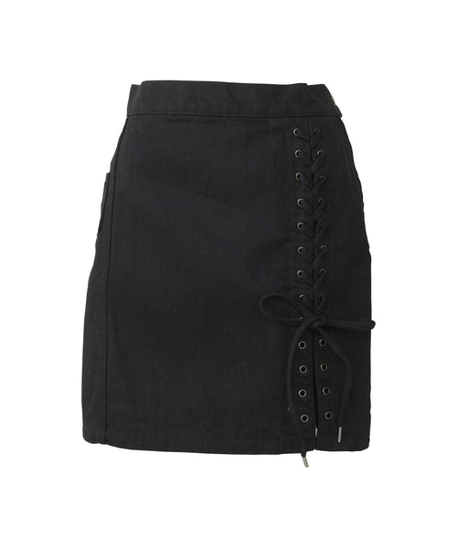 APPLE PANDA Embroidered Side Lace-Up Denim Mini Skirt - Black