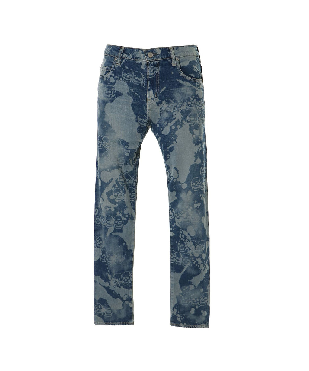 Dropping & Skull Pattern Slim Denim Pants - Light Indigo Blue