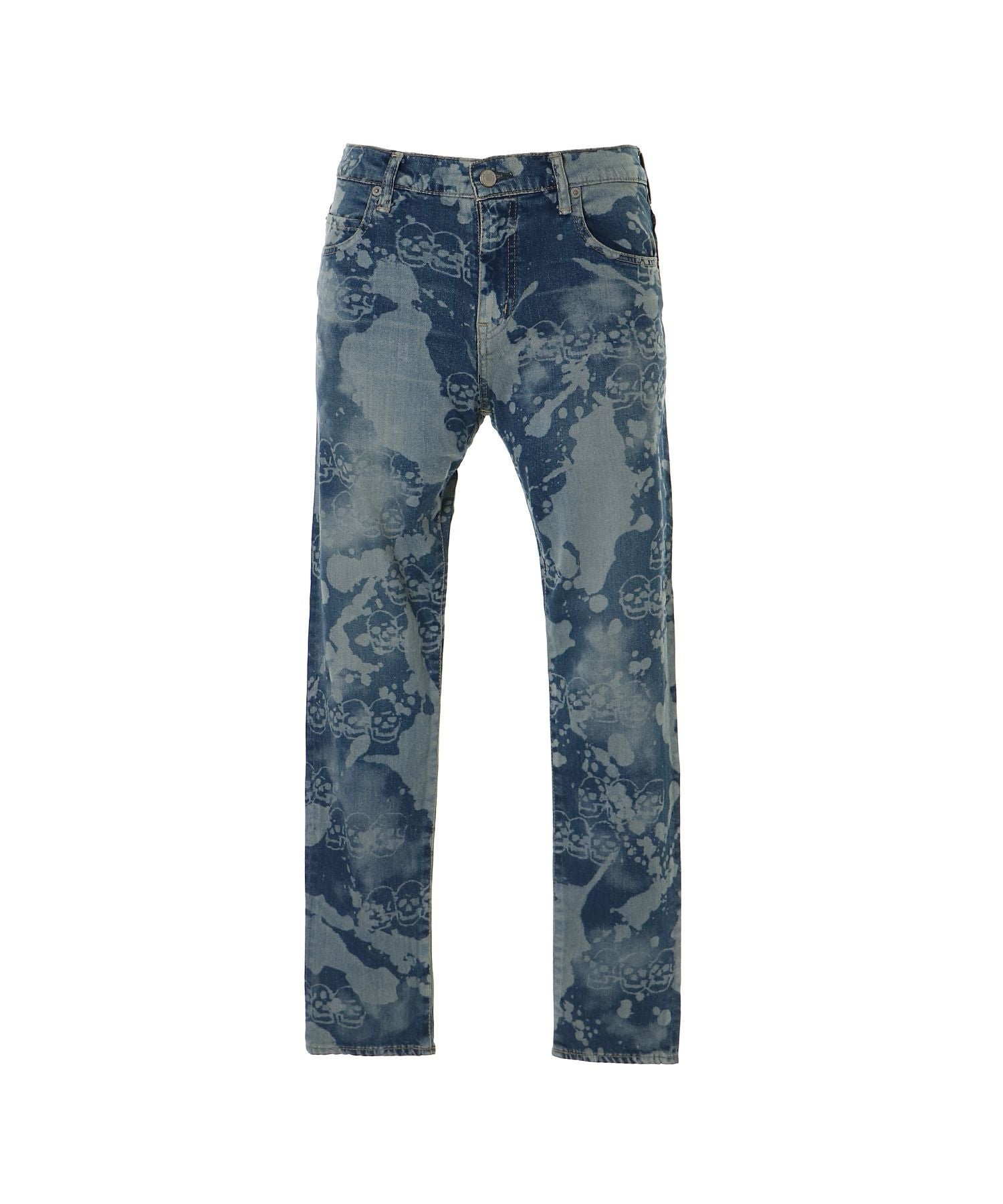 Dropping & Skull Pattern Slim Denim Pants - Light Indigo Blue
