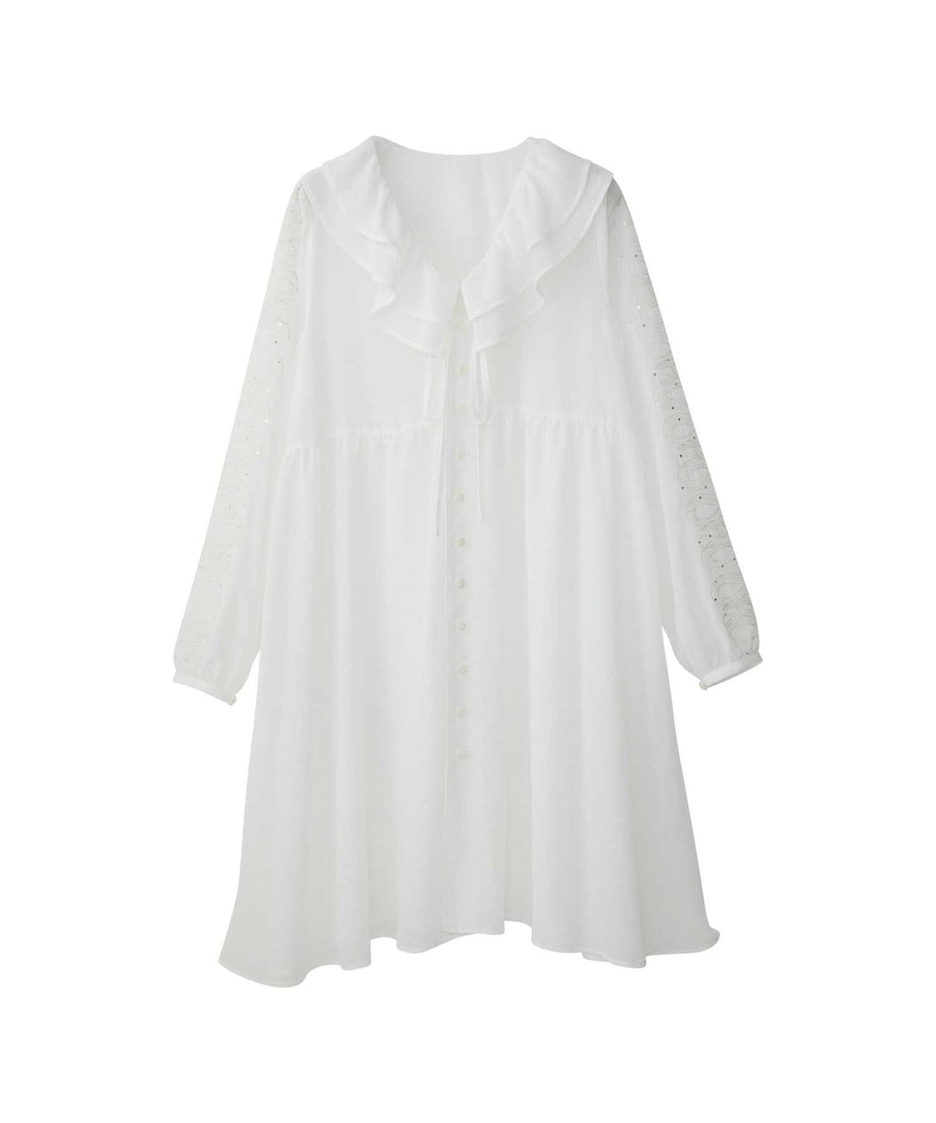 Snake Loop Embroidered Frill One-Piece - White