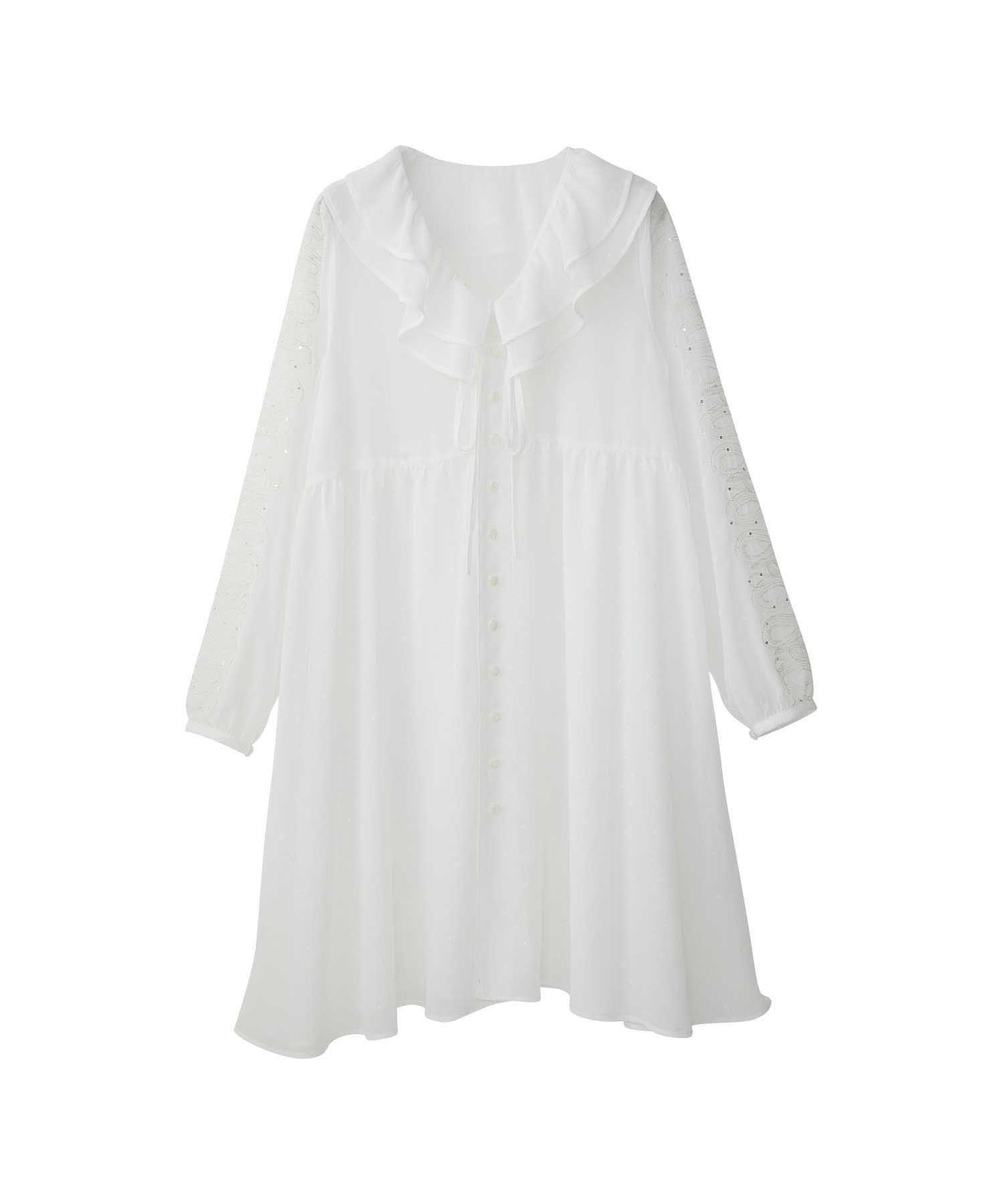 Snake Loop Embroidered Frill One-Piece - White