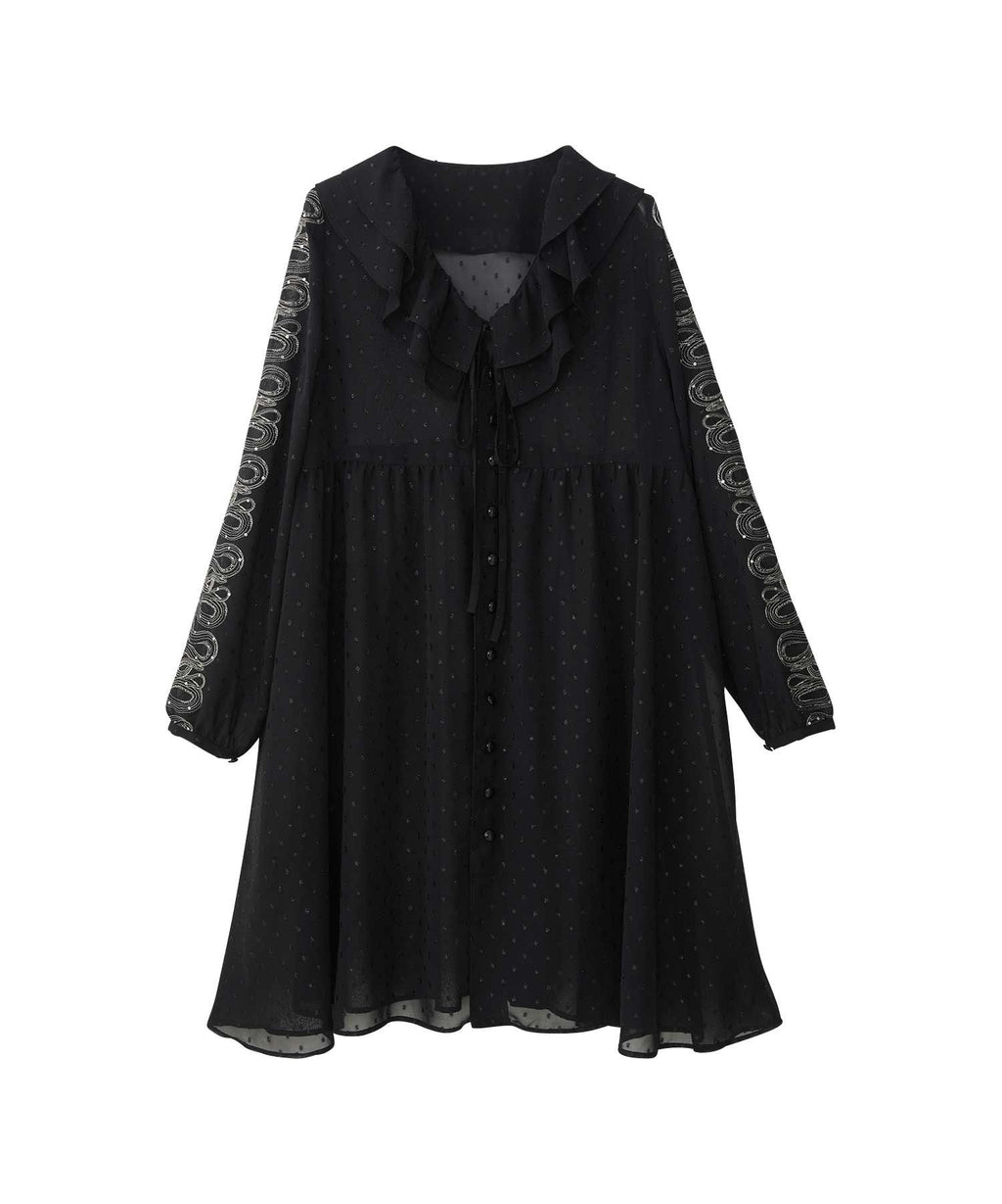 Snake Loop Embroidered Frill One-Piece - Black