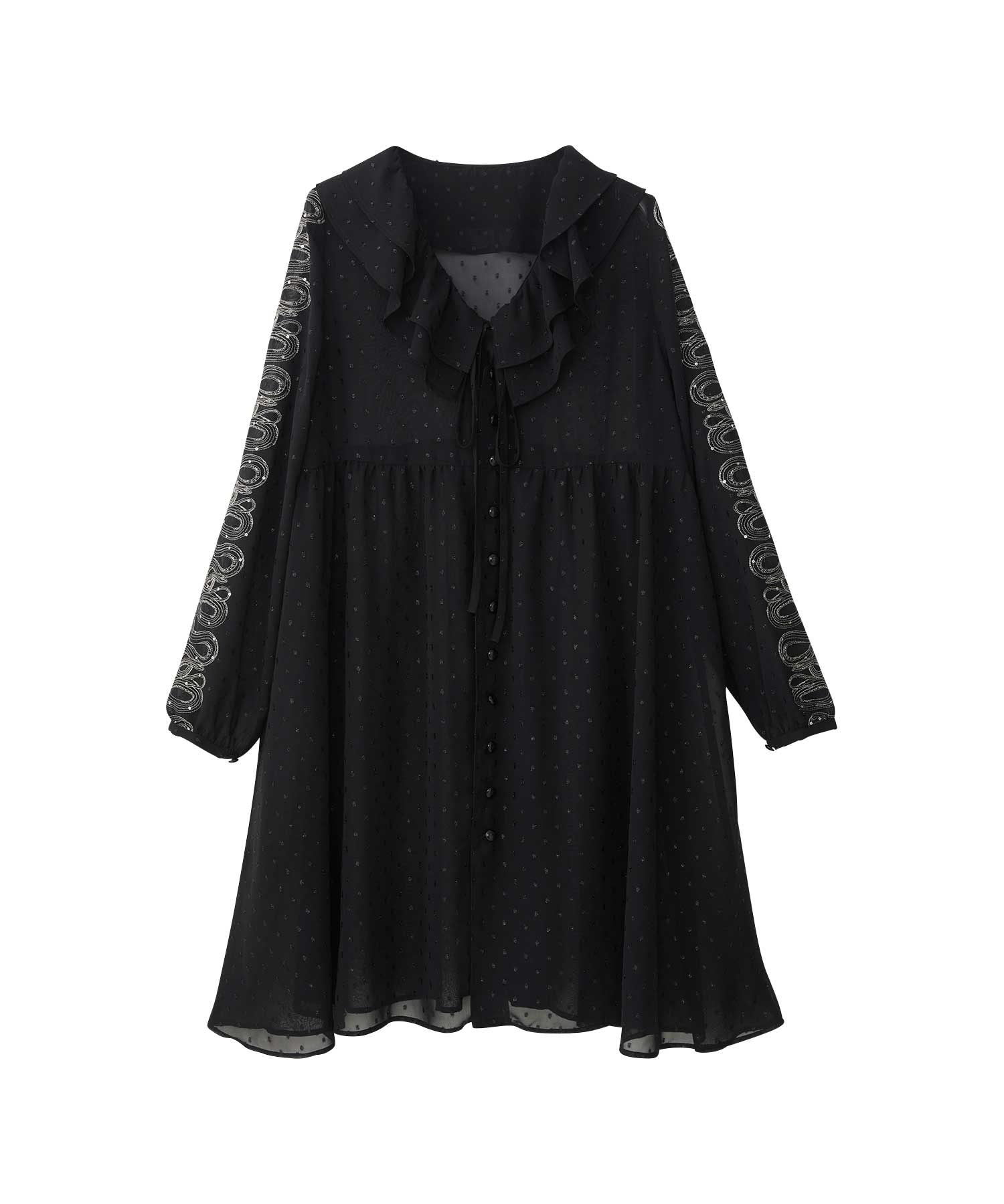 Snake Loop Embroidered Frill One-Piece - Black