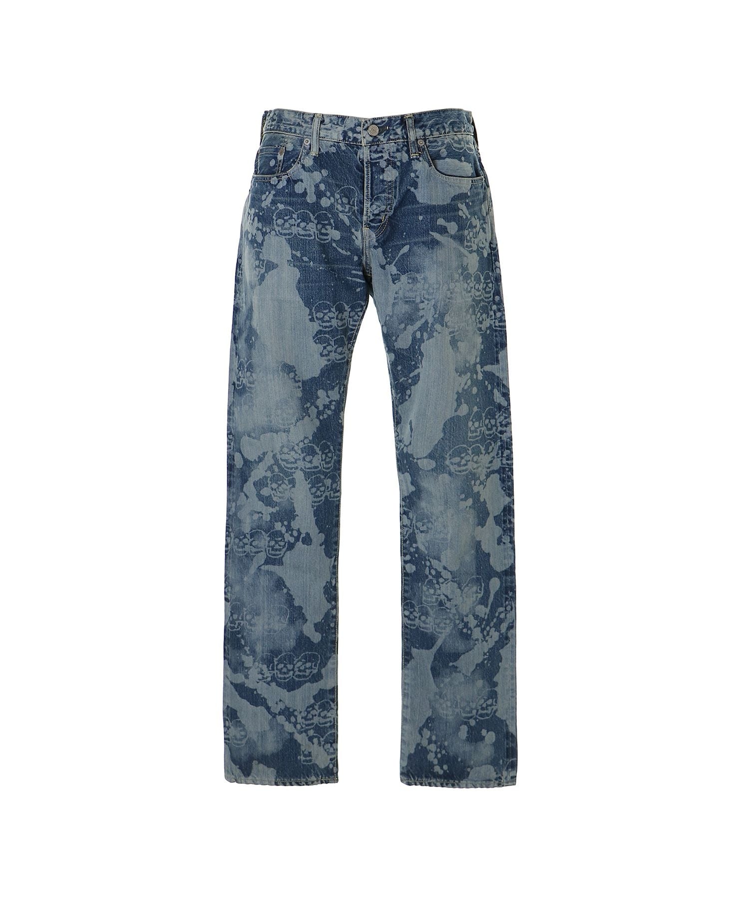 Dropping & Skull Pattern Slim Straight Denim Pants - Light Indigo Blue