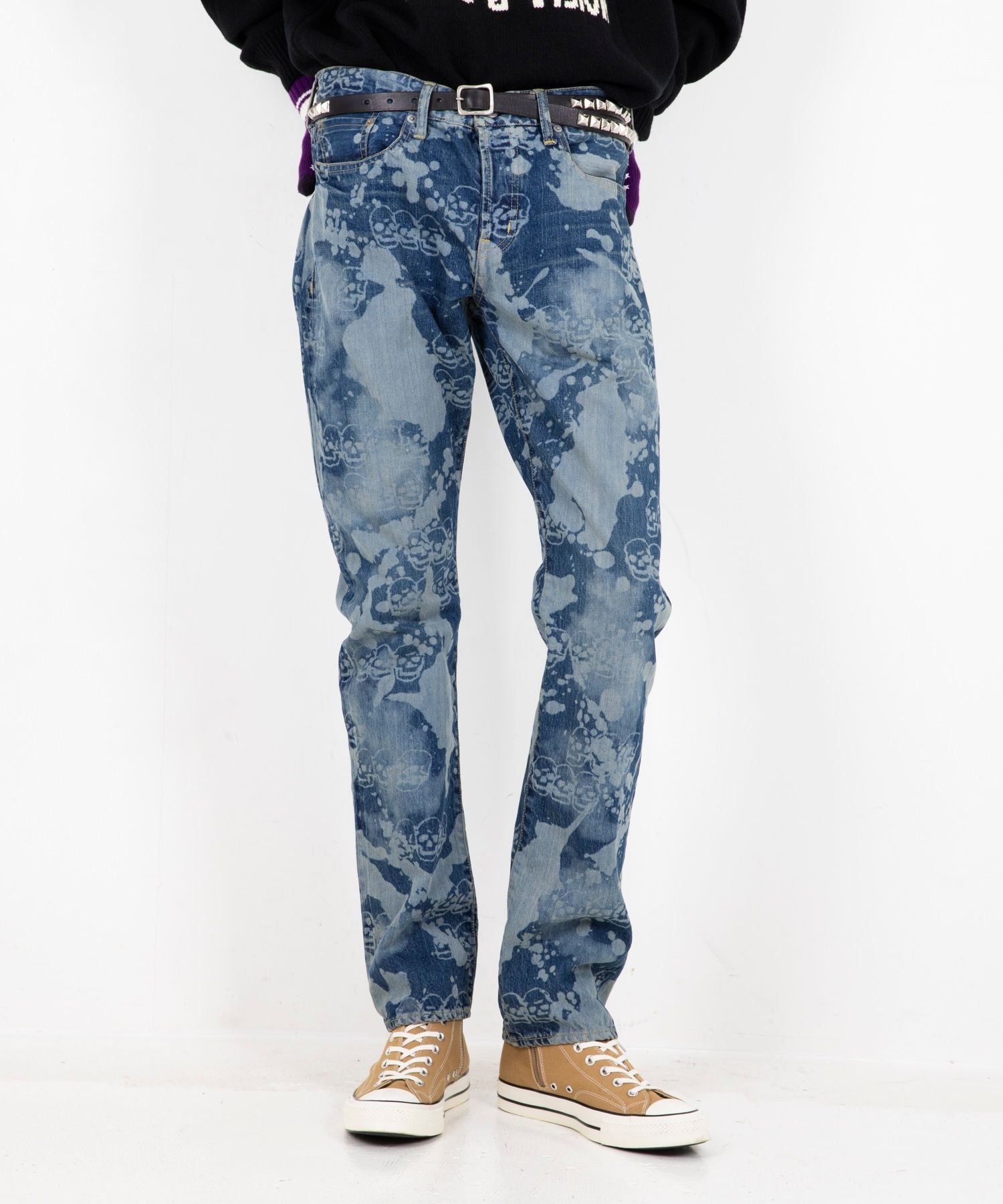Dropping & Skull Pattern Slim Straight Denim Pants
