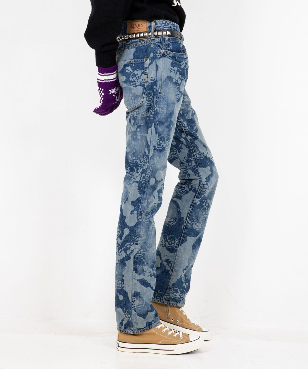 Dropping & Skull Pattern Slim Straight Denim Pants