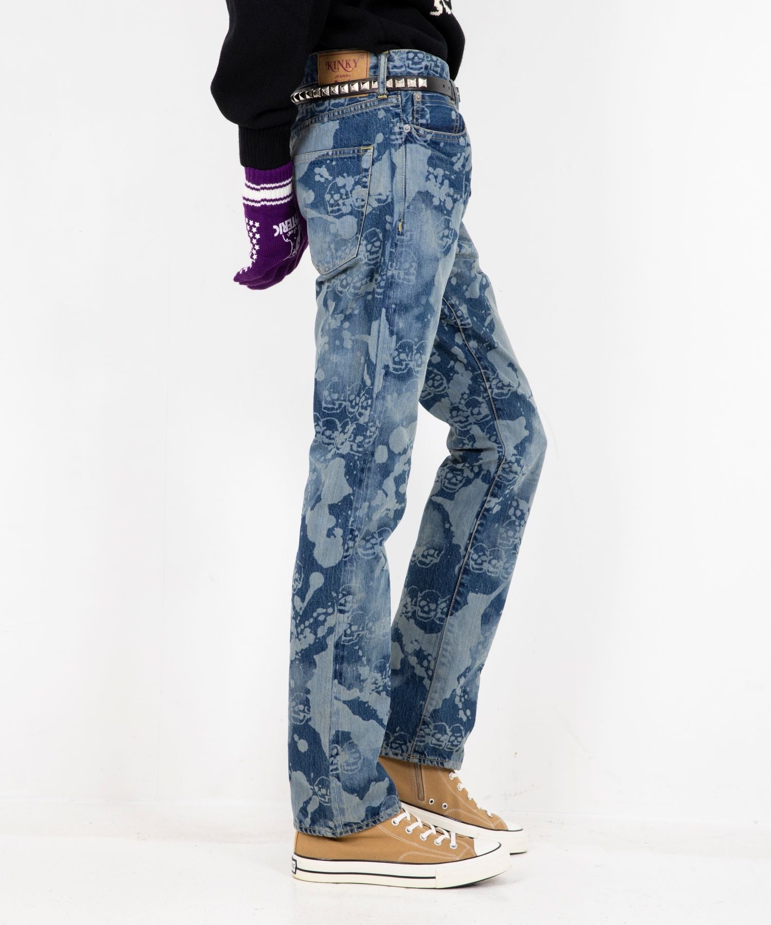 Dropping & Skull Pattern Slim Straight Denim Pants