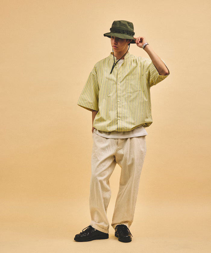 Typewriter Spindle Band Collar Stripe Short Sleeve Shirt