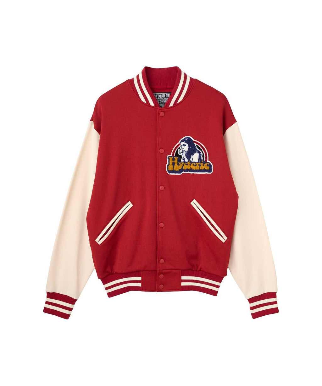 Smoking Girl Patch Varsity Jacket - Red