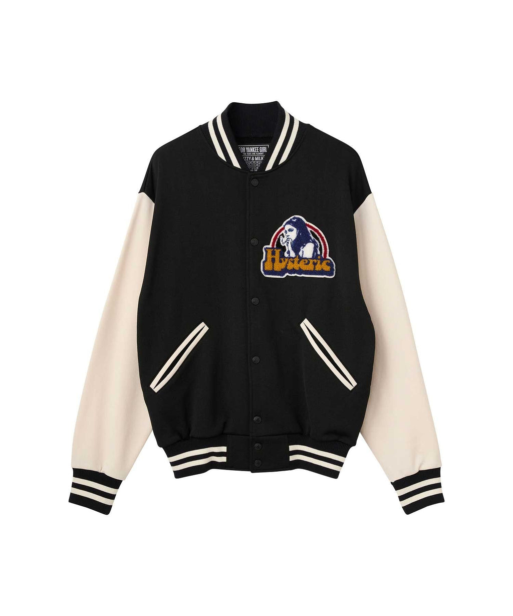 Smoking Girl Patch Varsity Jacket - Black