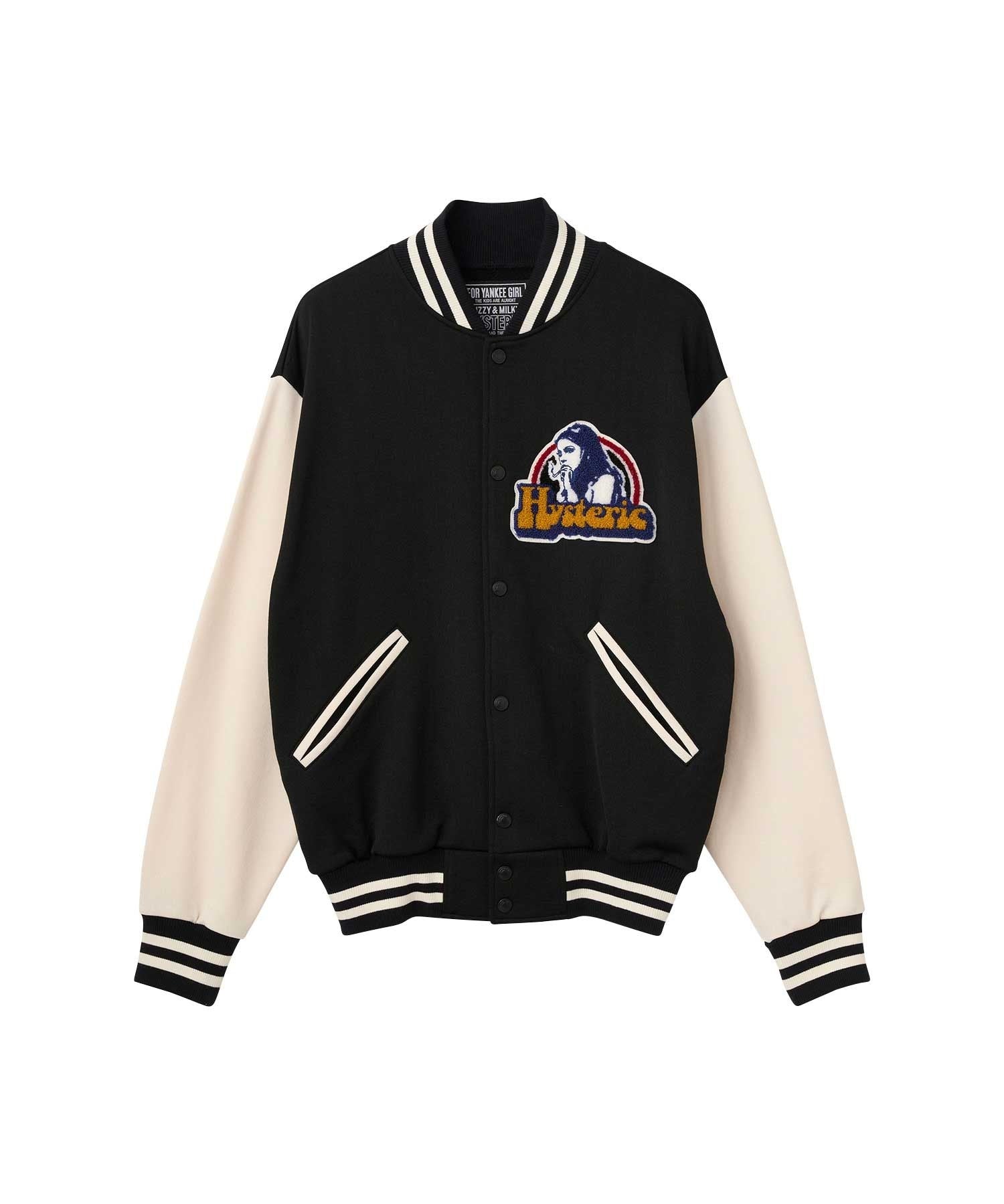 Smoking Girl Patch Varsity Jacket - Black