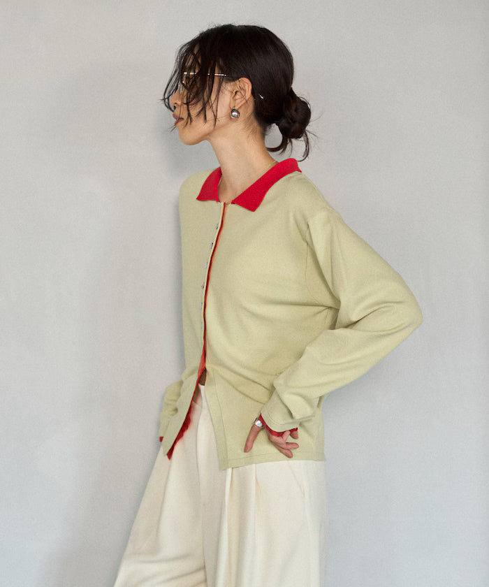 Color Design Fake Layered Long Sleeve Polo Knit Cardigan