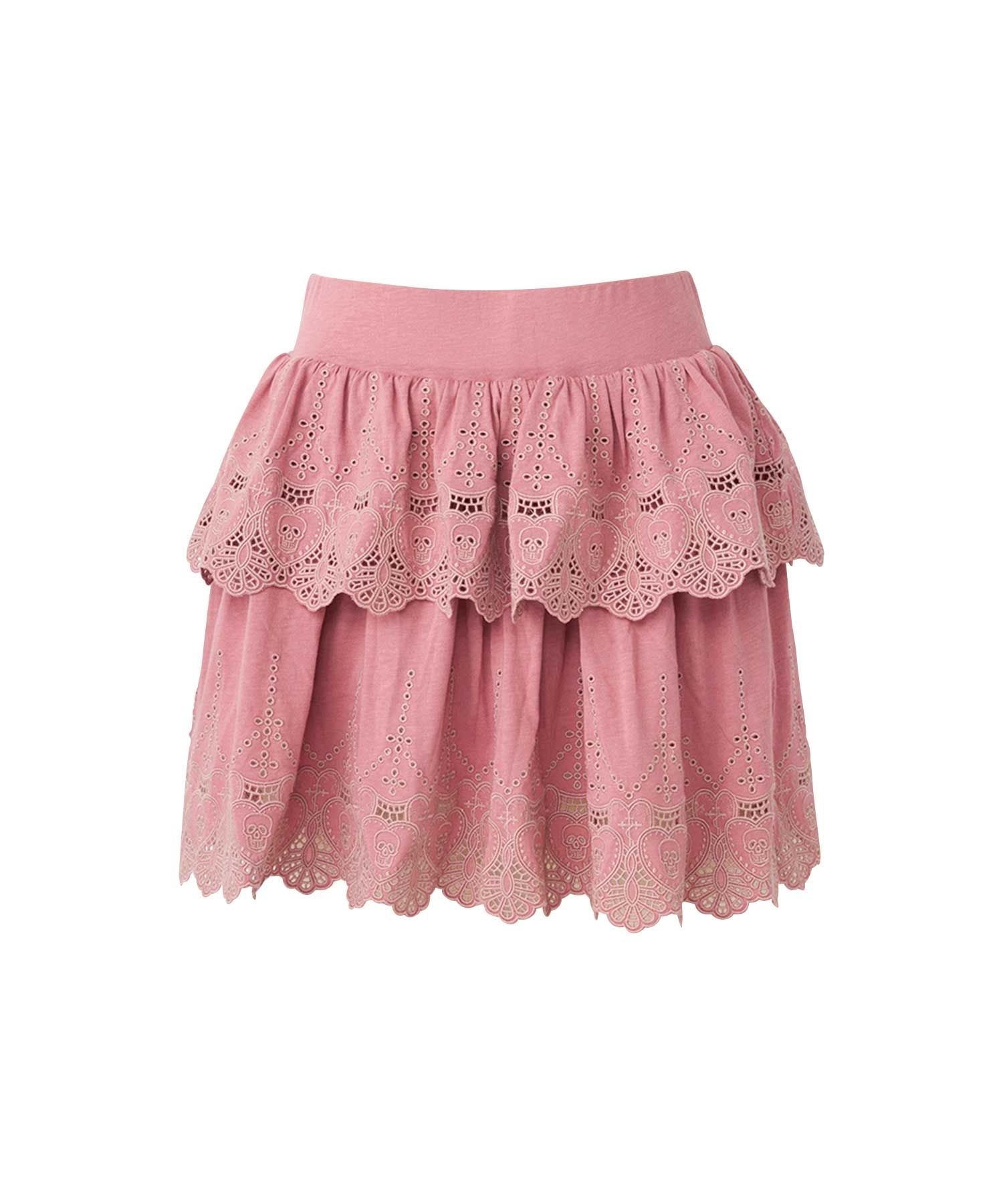 SKULL LACE Scalloped Embroidery Skirt - Pink