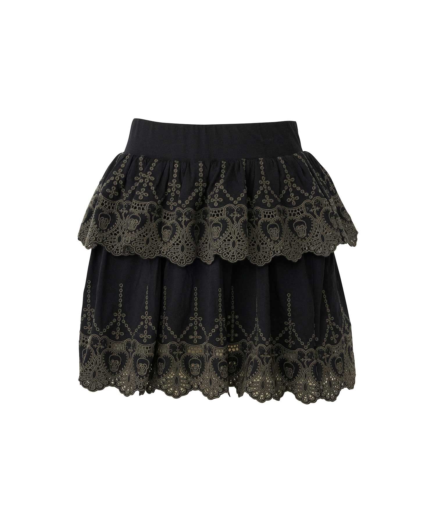 SKULL LACE Scalloped Embroidery Skirt - Black