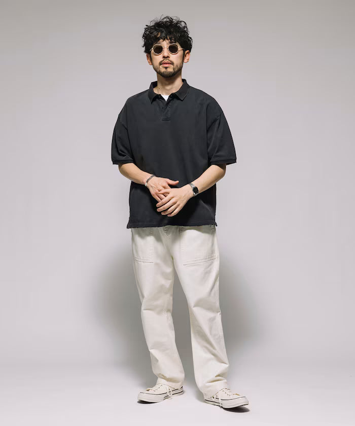 Distressed Oversized Polo Shirt / One Point Embroidery / Pigment Processing