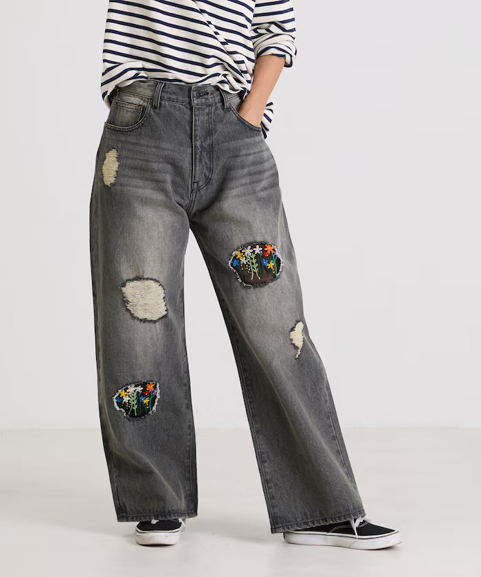 Flower Embroidery Wide Denim