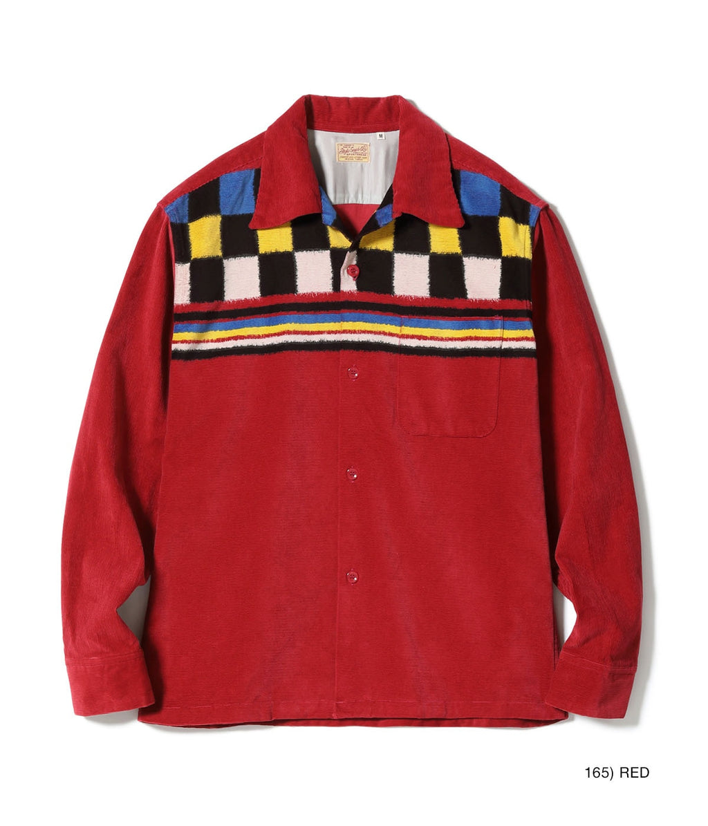 Mid 1950s - Late 1950s Style Corduroy Sports Shirt “SQUARE & STRIPE” - RED