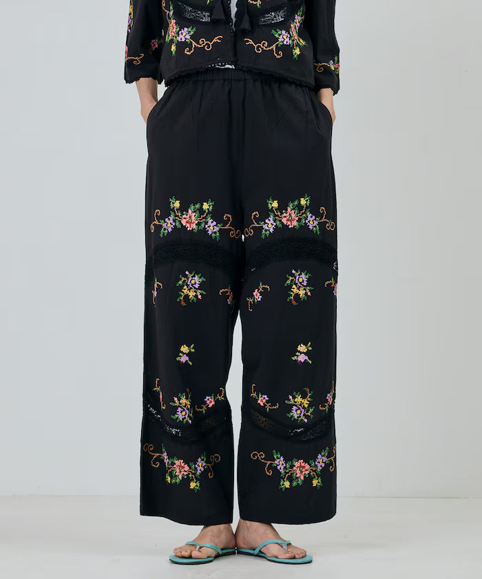 India Flower Cross Embroidery Lace Pants