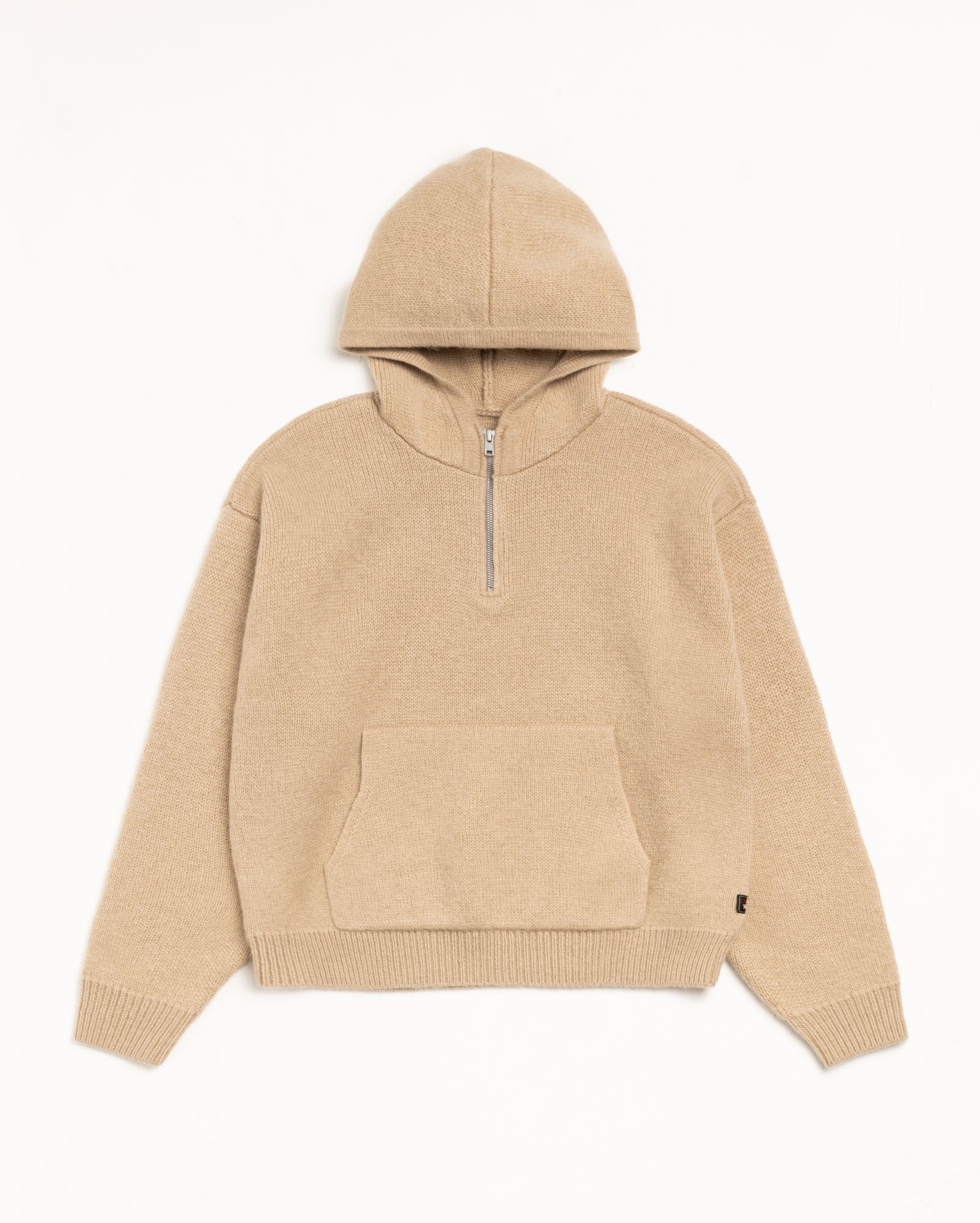 QUARTER ZIP KNIT HOODIE - Tan