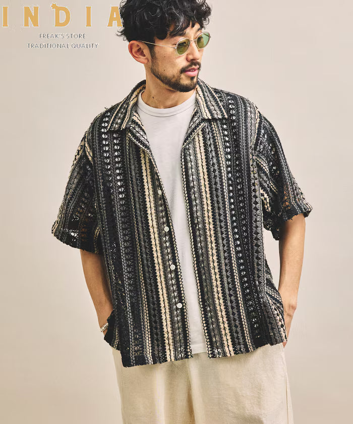 New color added: Indian-made relaxed fit all-over lace multi-stripe open collar short sleeve shirt - Black