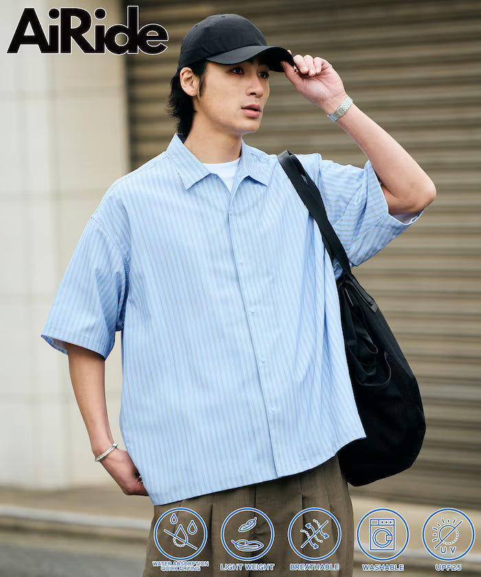 AiRide/AiRide Relax Fit Short Sleeve Open Collar Shirt/Quick Dry/UV Cut [Limited Edition] - Sax Stripe