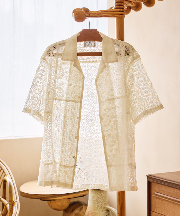 India-made Patchwork Lace Sheer Relaxed Fit Open Collar Shirt Short Sleeve