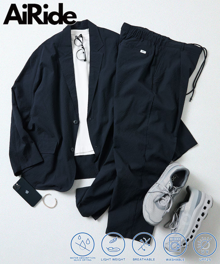 AiRide/AiRide Relax Fit Seersucker Setup/Tailored Jacket/Wide Slacks/Quick Dry/UV Cut 【Limited Release】 - Navy