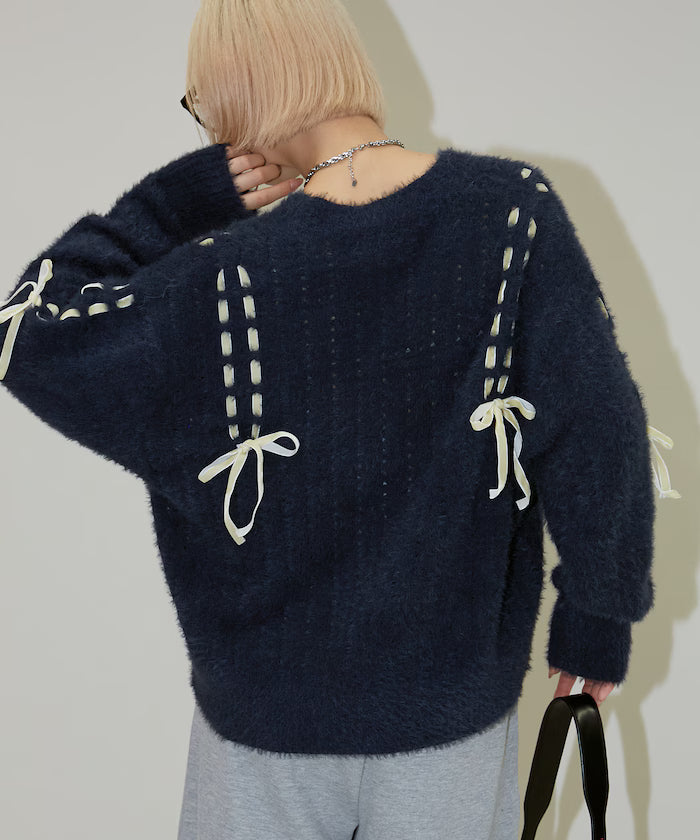 Velour Ribbon Braided Feather Knit Cardigan Limited Edition