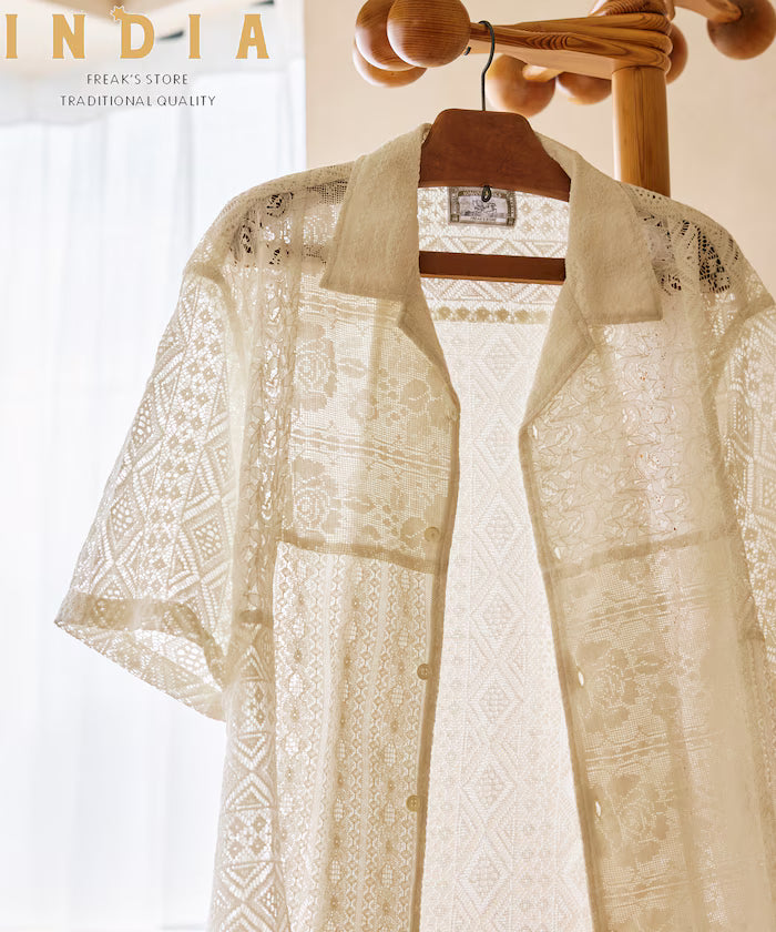 India-made Patchwork Lace Sheer Relaxed Fit Open Collar Shirt Short Sleeve - White