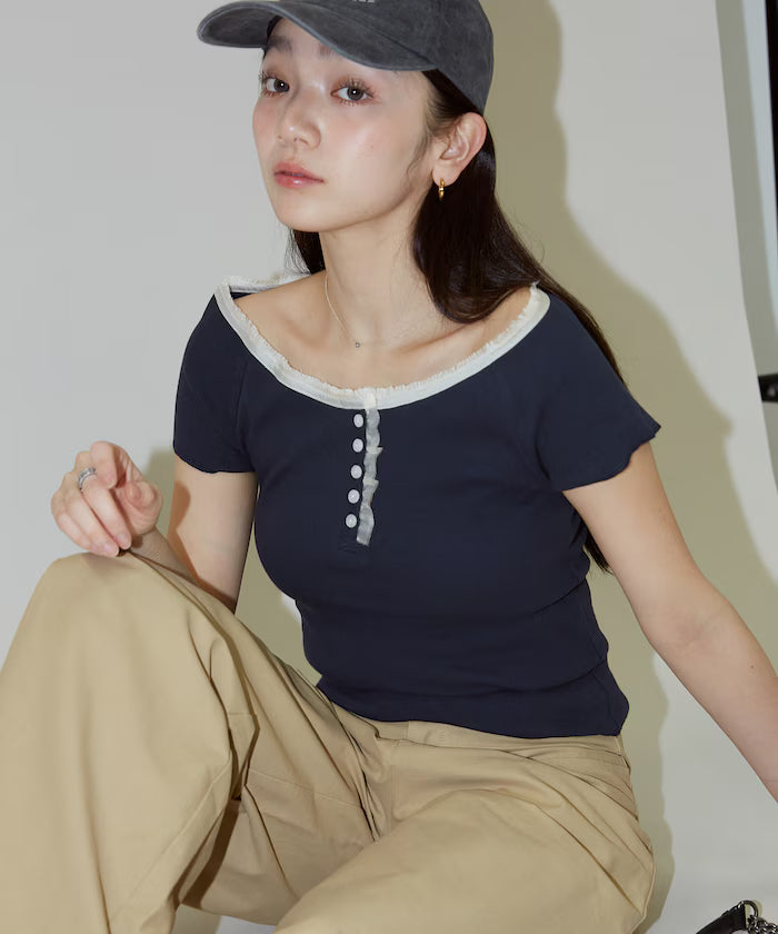 Collar Lace Contrast Henry Rib T-Shirt