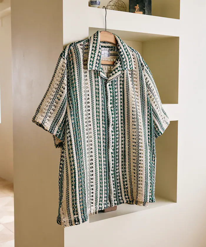 New color added: Indian-made relaxed fit all-over lace multi-stripe open collar short sleeve shirt
