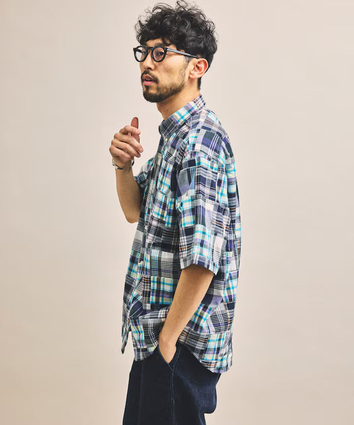 Indian-made Relaxed Fit Madras Check Patchwork Button-down Short Sleeve Shirt