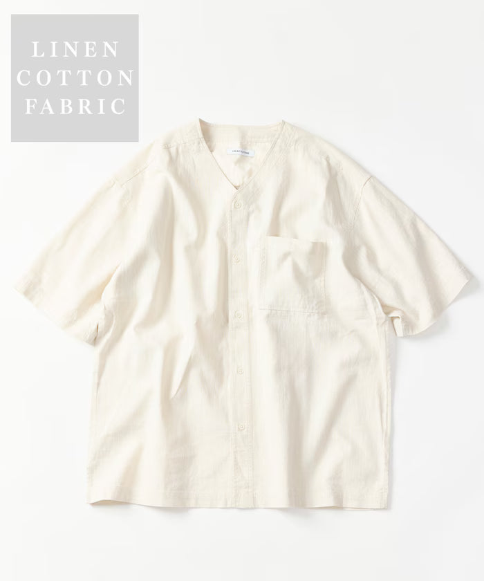LINEN COTTON V NECK SHIRT - White