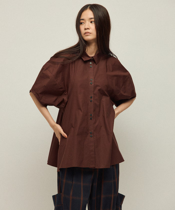 Switching Design Balloon Sleeve Shirt / 5-Minute Sleeve Blouse