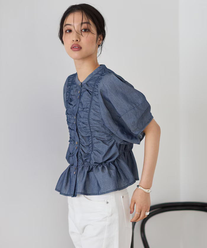 Sheer Shirring Volume Sleeve Blouse / 5 Short Sleeves