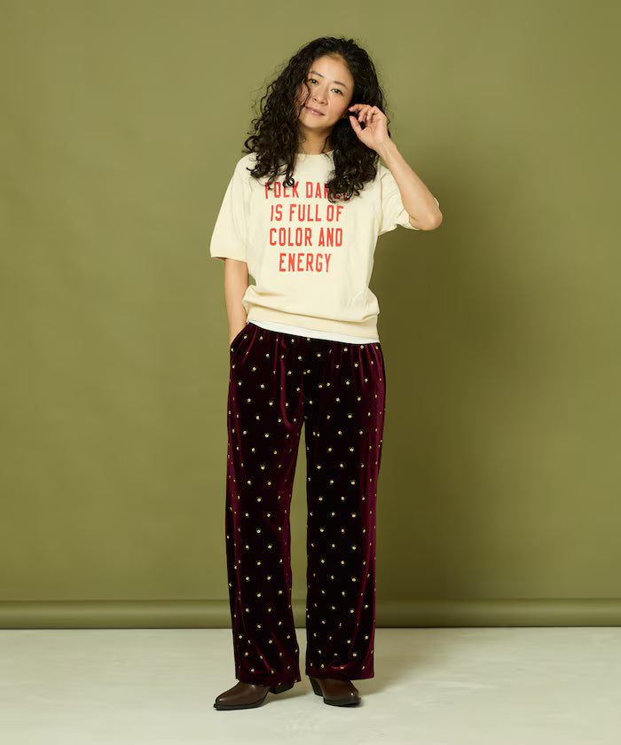 Small Flower Embroidery Velvet Pants