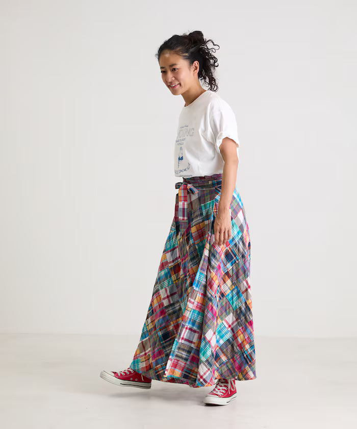 Indian patchwork check wrap skirt