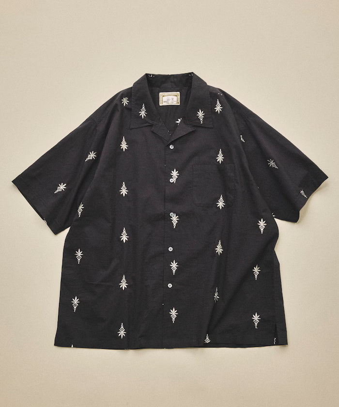India-made all-over pattern embroidered relax-fit open collar short sleeve shirt
