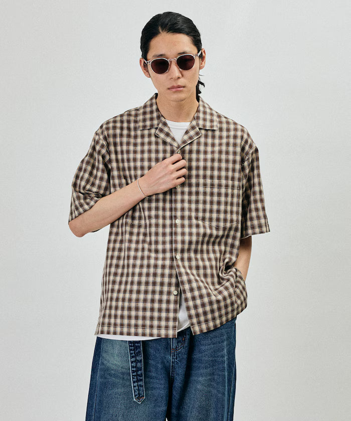 Dobby Woven Check Relaxed Open Collar Short Sleeve Shirt - Brown