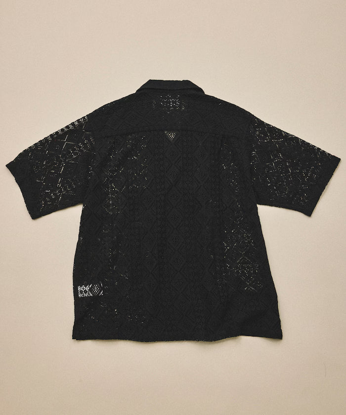 India-made Patchwork Lace Sheer Relaxed Fit Open Collar Shirt Short Sleeve