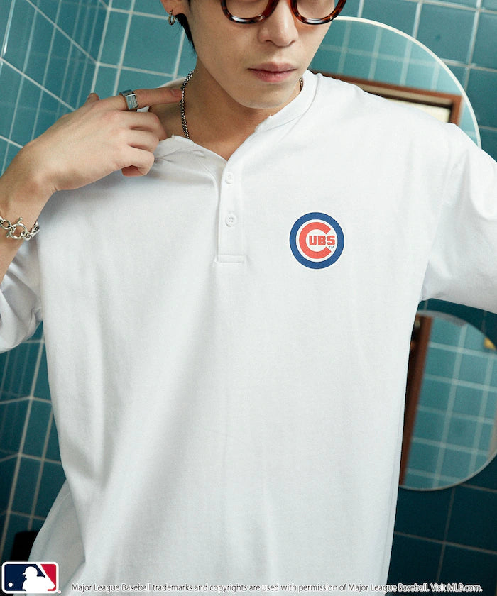 Limited Edition Custom MLB Logo Print Henley Neck Oversized T-Shirt