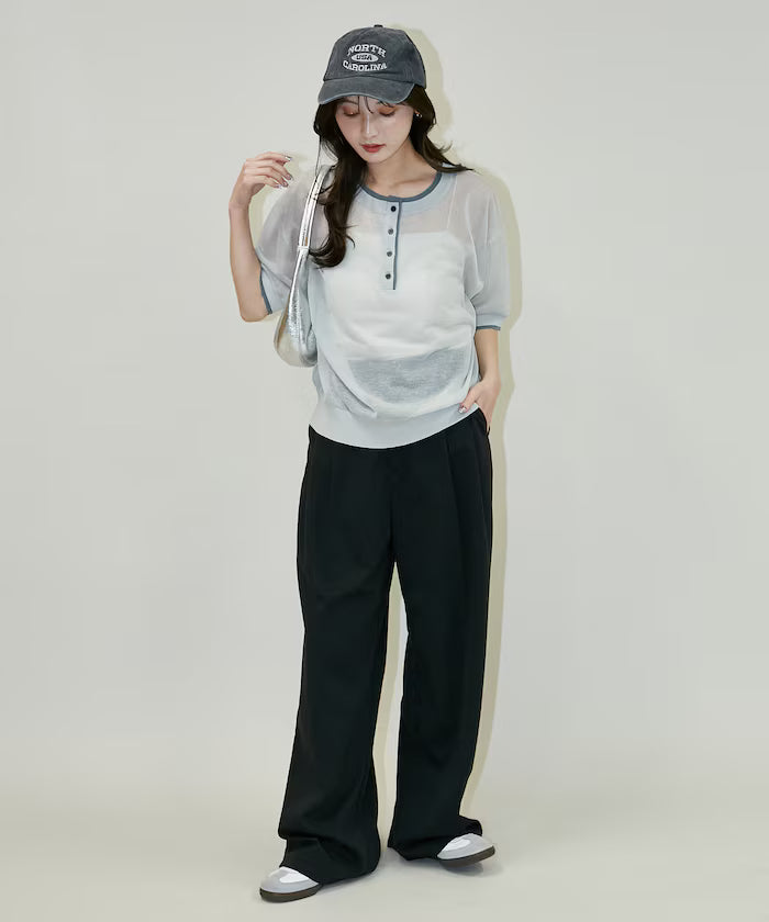 Washable linen color block henley neck knit top limited release