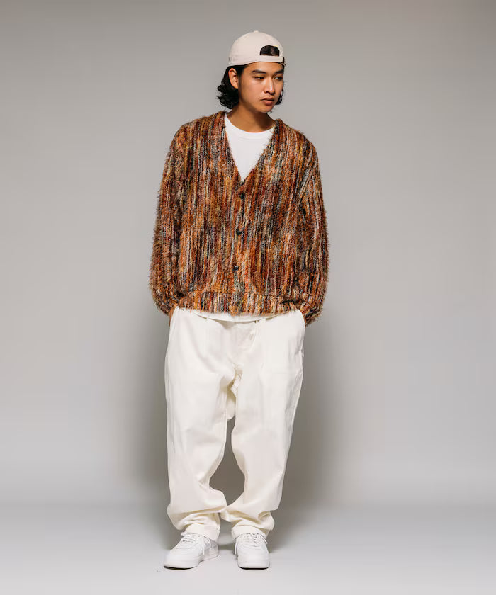 Relaxed Fit Shaggy Knit Multi-Stripe Cardigan
