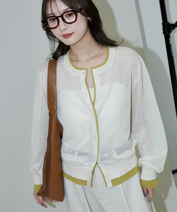Washable Linen Color Block Sheer Knit Cardigan Limited Edition