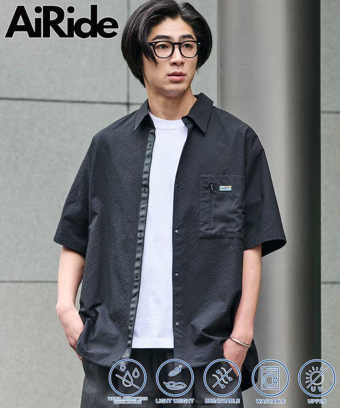 Limited Release AiRide Air Ride Relax Fit Mixed Material Pocket Seersucker Shirt Quick Dry Moisture Wicking UV Cut - Black