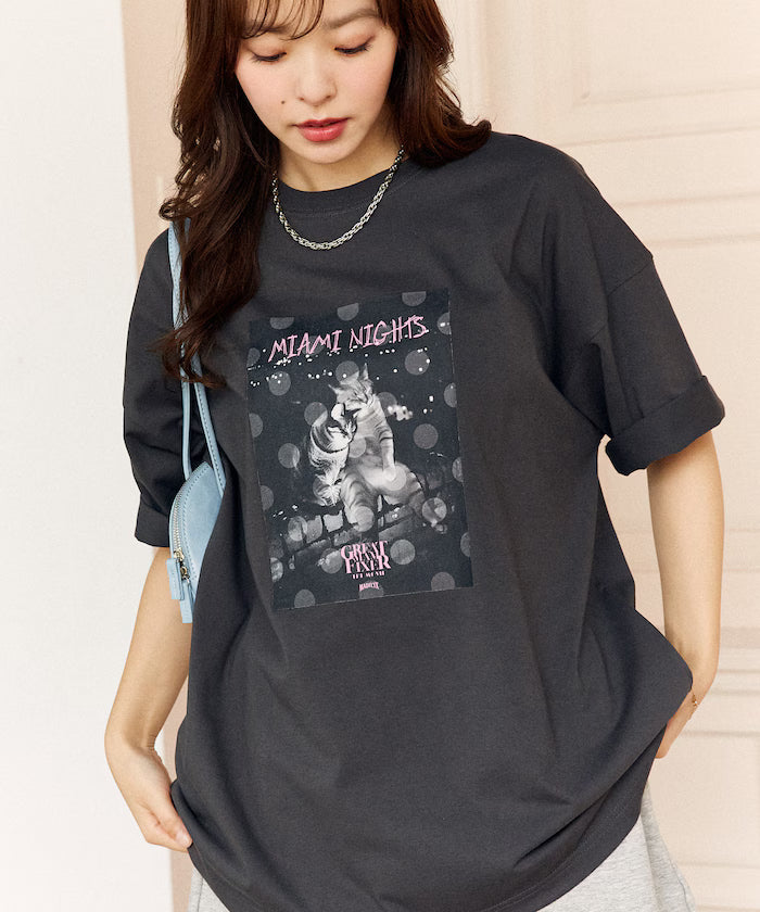 <Functional Material> MIAMI NIGHTS Cat Photo T-shirt Limited Edition