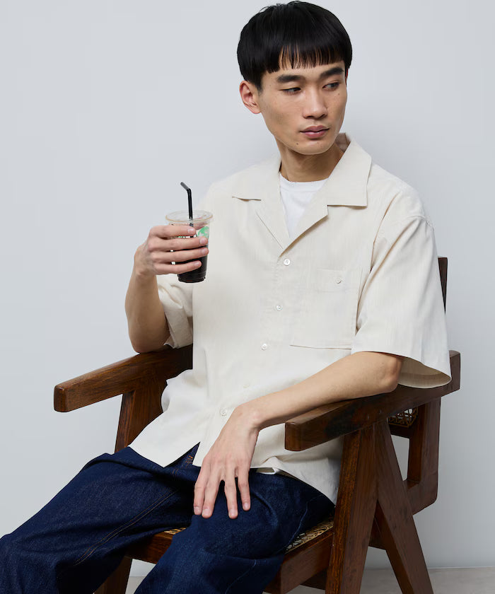 Ramie Blend Oversize Short Sleeve Open Collar Shirt / Easy Care Shirt / Linen Blend Short Sleeve Shirt