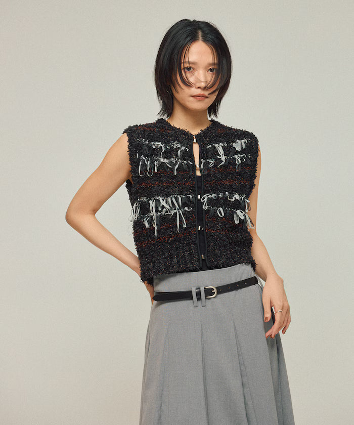 Mixed Material Fringe Knit Vest / Striped Knit Vest 25AW