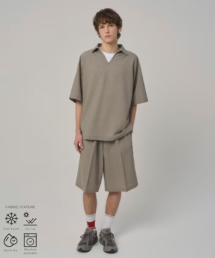 Functional Fabric Pullover Short Sleeve Shirt Set 3-piece Set / Washable / UV Cut / Quick Dry / Cool Touch - Beige