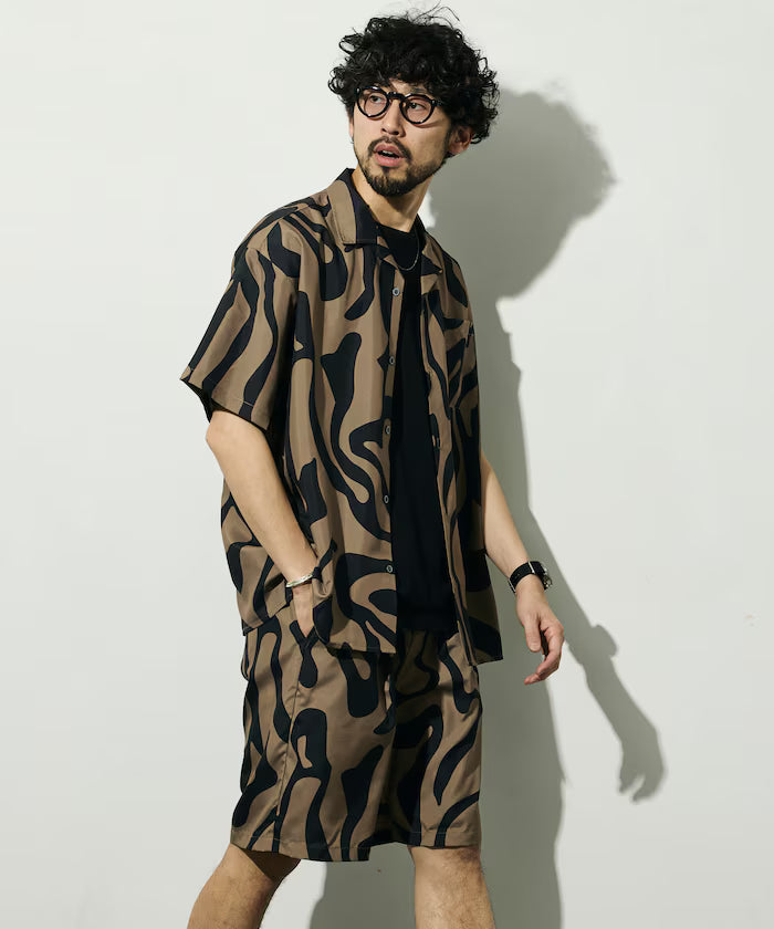 Open collar pattern short sleeve shirt / all-over design open collar shirt / compatible with set-up
